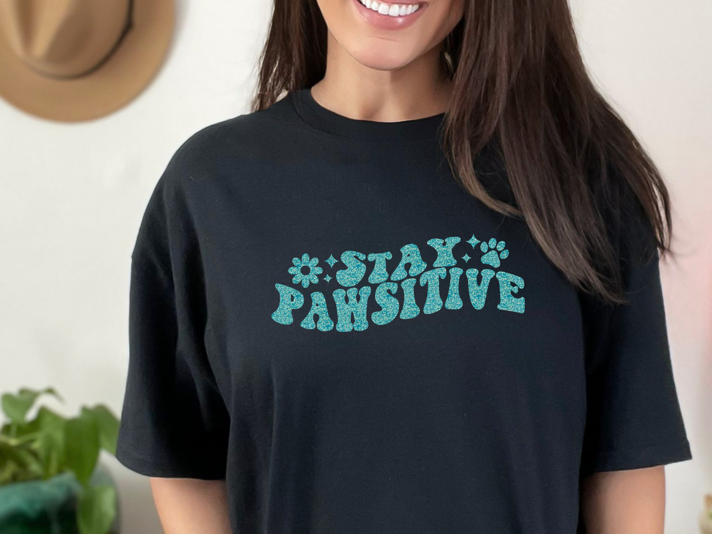 Stay Pawsitive Cotton T-shirt, Black