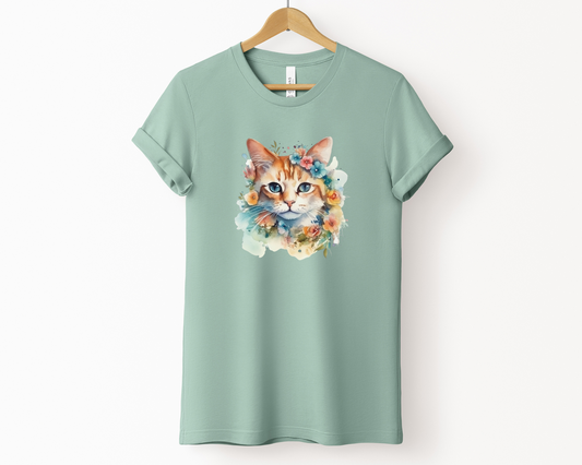 Watercolor Colorful Cat T-Shirt, Dusty Blue