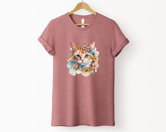Watercolor Colorful Cat T-Shirt, Heather Mauve