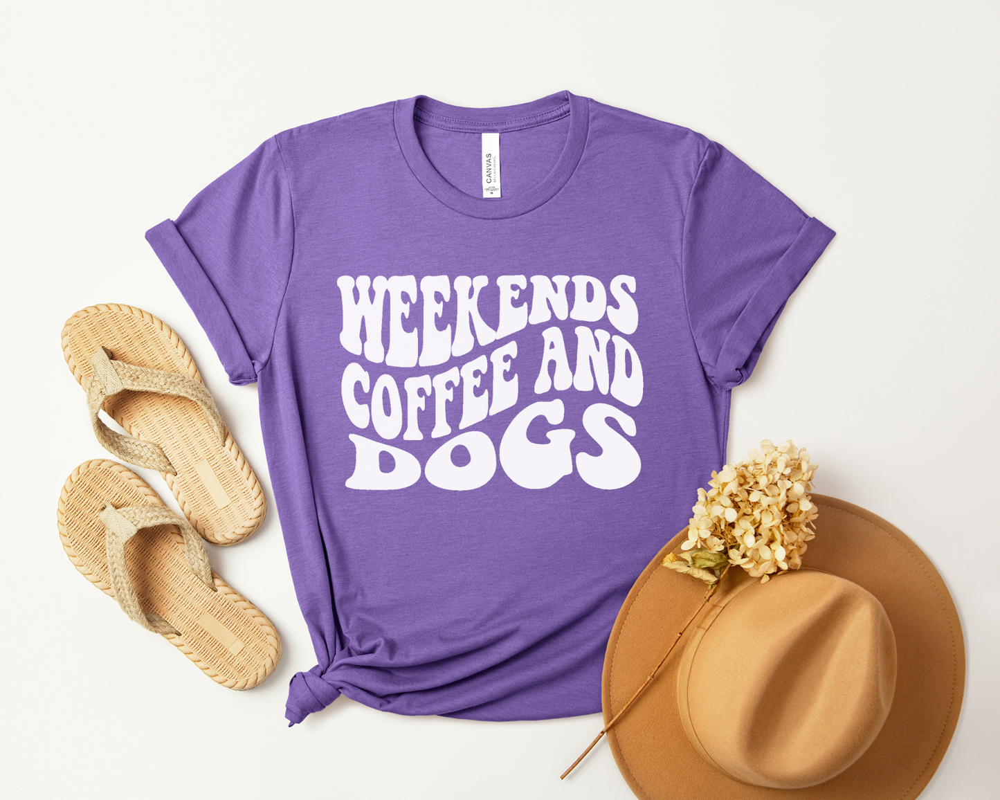 Weekends, Coffee and Dogs T-shirt, Heather Team Purple