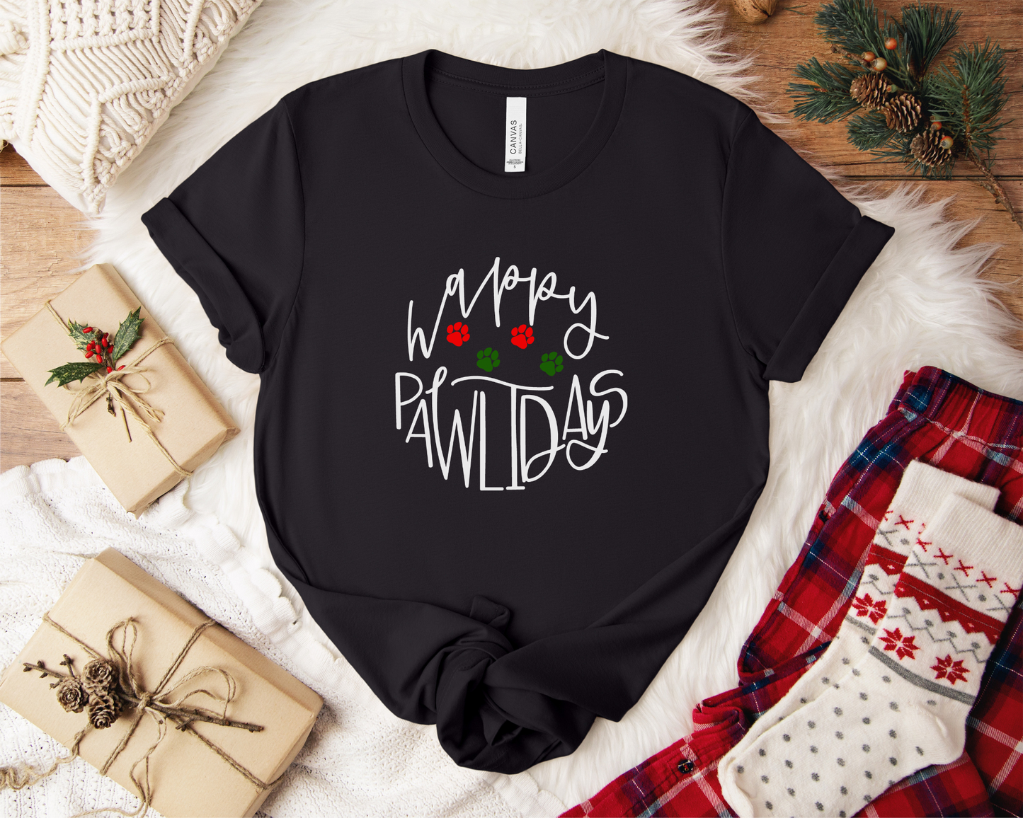 Happy Pawlidays Crewneck T-shirt, Black