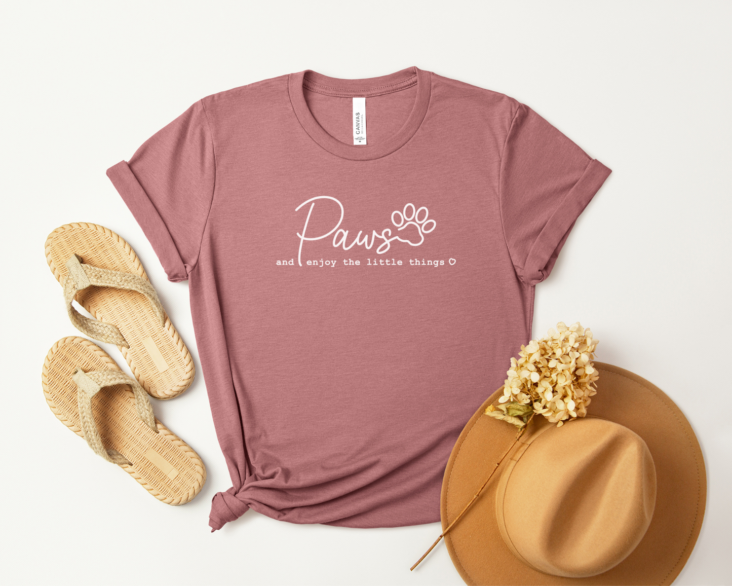 Paws And Enjoy The Little Things Crewneck T-shirt, Heather Mauve