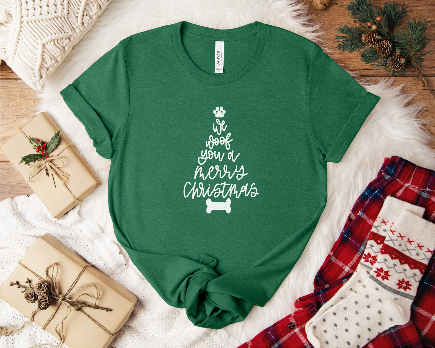 We Woof Merry Christmas Crewneck T-shirt, Heather Grass Green