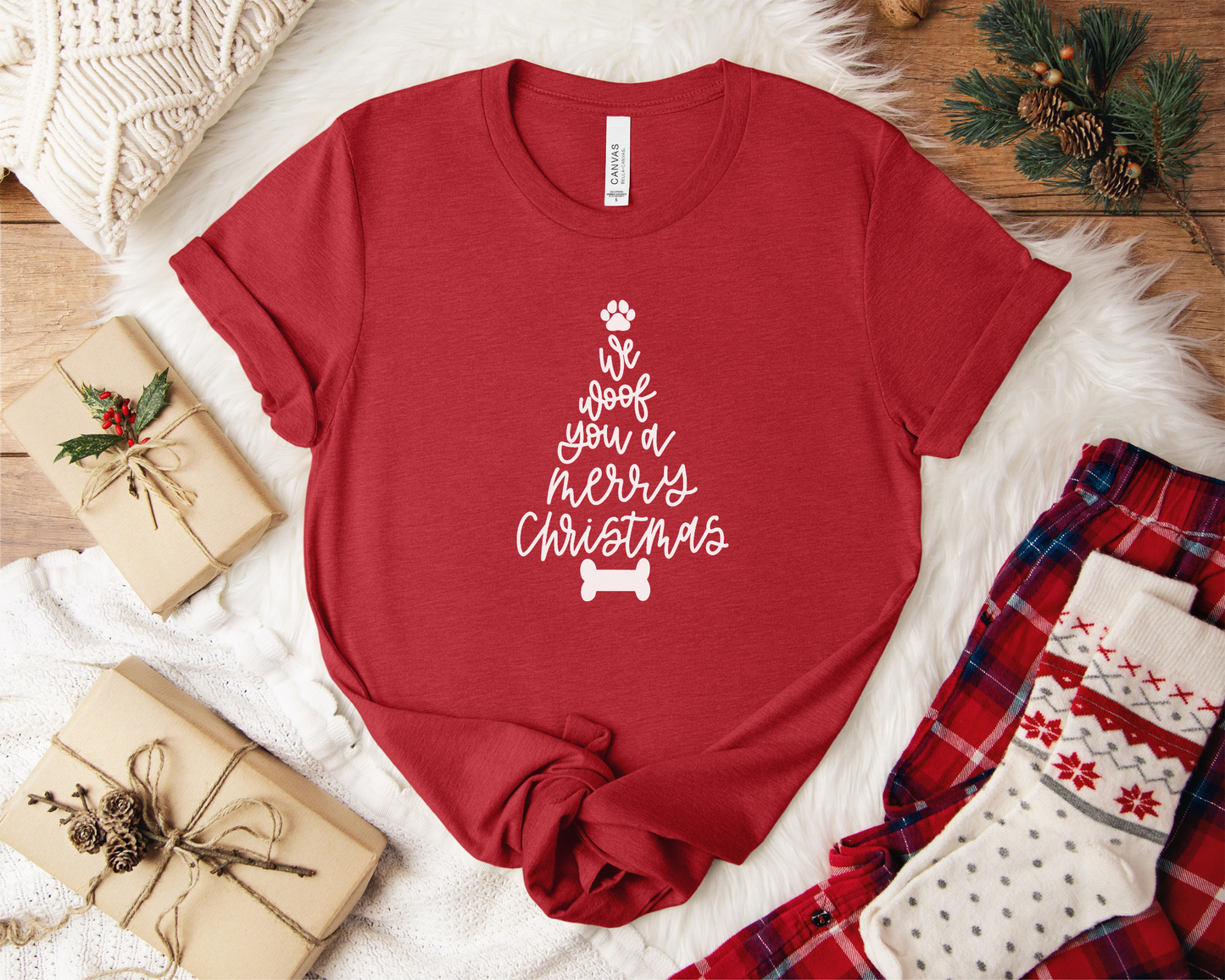 We Woof Merry Christmas Crewneck T-shirt, Heather Red