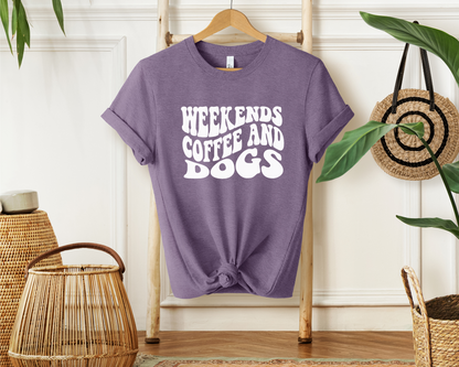 Weekends, Coffee and Dogs T-shirt, Heather Purple
