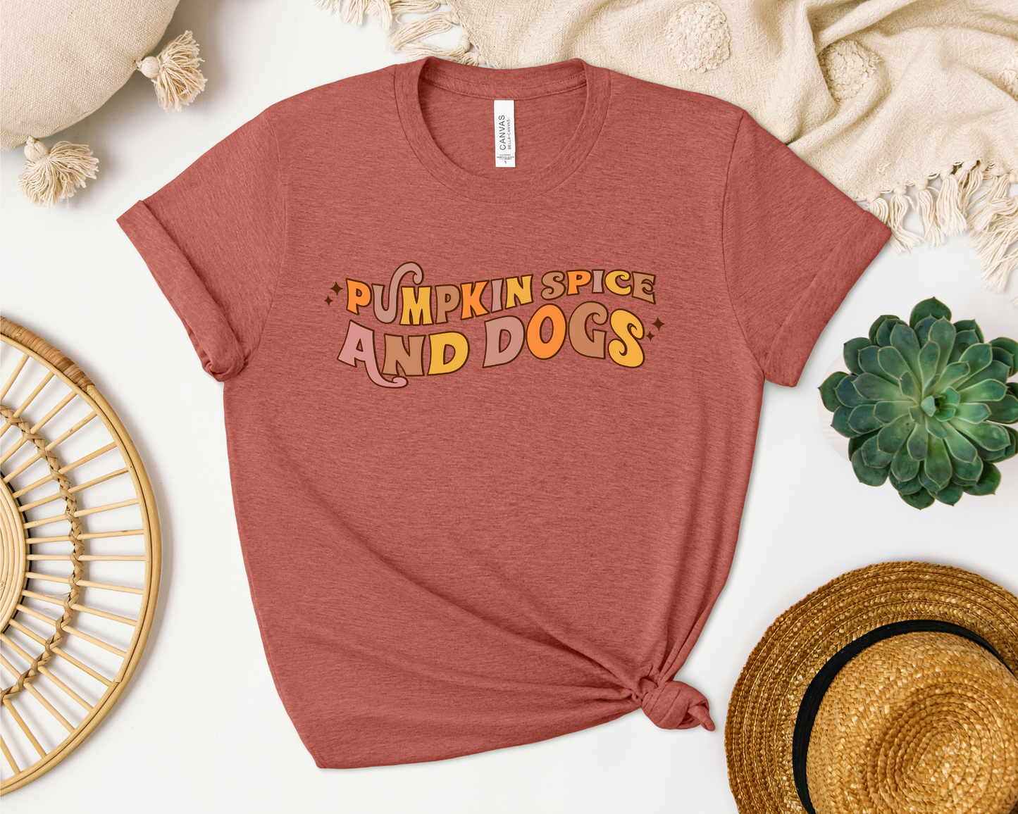 [Clearance 10%] Pumpkin Spice And Dogs Crewneck T-shirt, Heather Clay