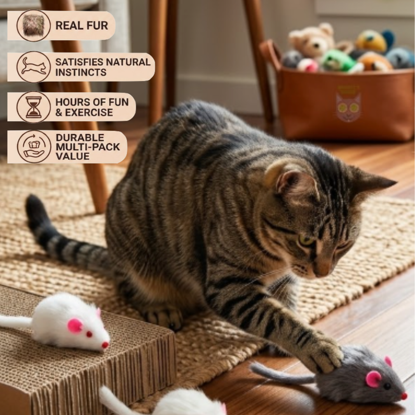 Rabbit Fur Mouse Cat Toy 12 per Pack White and Gray Fuzzy Toys for Cats with Rattle Realistic Fake mice