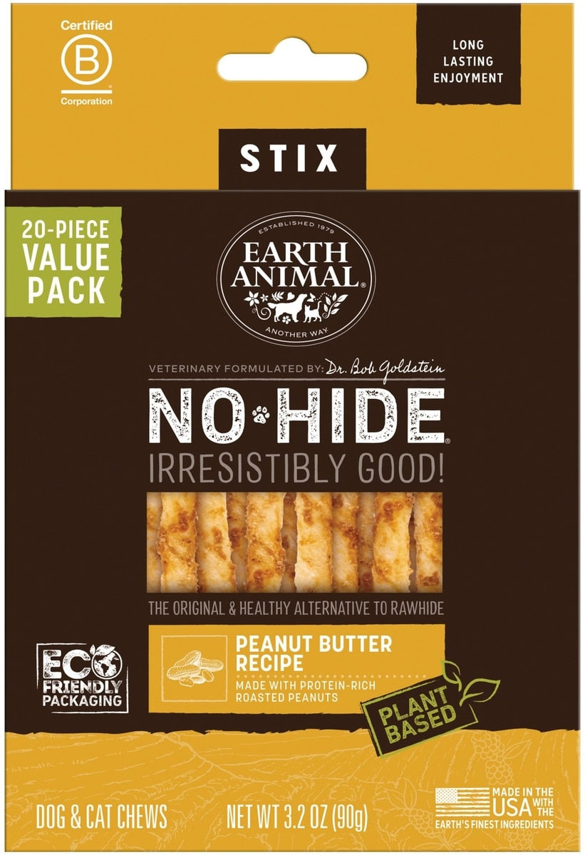 Earth Animal No-Hide Stix Peanut Butter Recipe Chew Dog & Cat Treat Sticks, 20 count