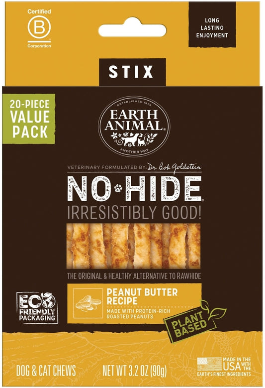Earth Animal No-Hide Stix Peanut Butter Recipe Chew Dog & Cat Treat Sticks, 20 count