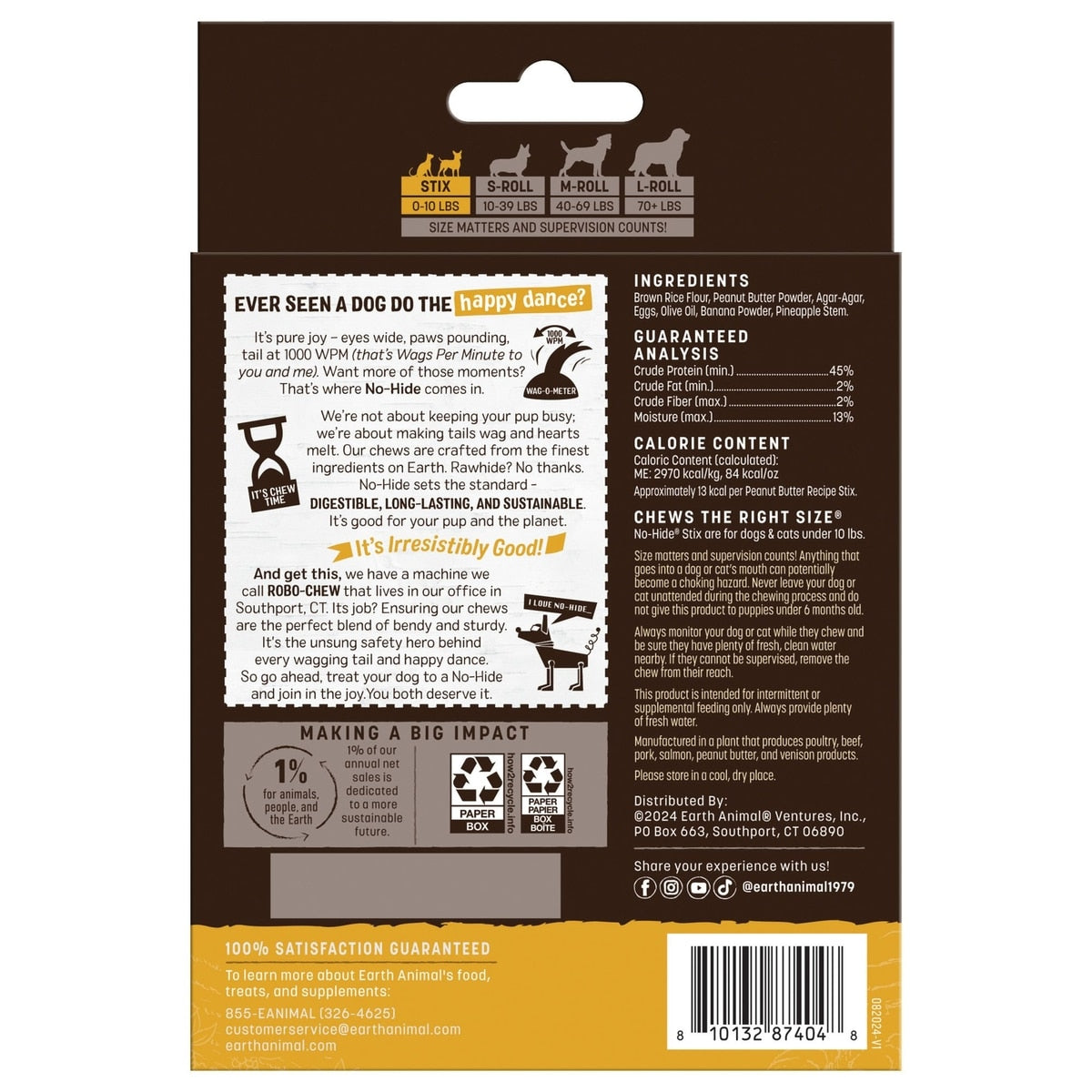 Earth Animal No-Hide Stix Peanut Butter Recipe Chew Dog & Cat Treat Sticks, 20 count
