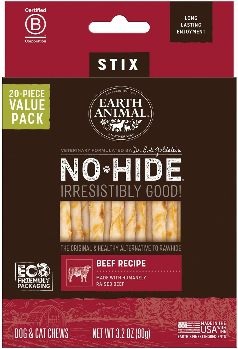 Earth Animal No-Hide Stix Beef Recipe Chew Dog & Cat Treat Sticks, 20 count