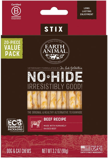 Earth Animal No-Hide Stix Beef Recipe Chew Dog & Cat Treat Sticks, 20 count