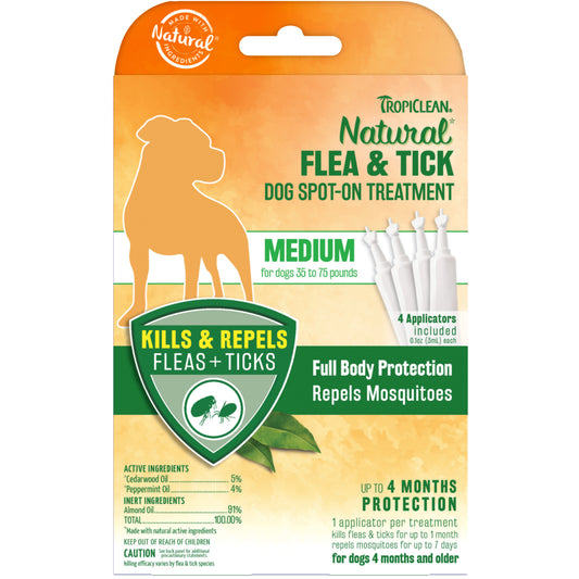 TropiClean Natural Flea & Tick Spot-On Treatment for Medium Dogs(4ct)