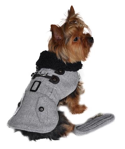 Grey Herringbone Dog Harness Coat with Matching Leash