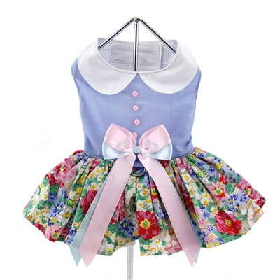 Blue and White Pastel Pearls Floral Dress with Matching Leash