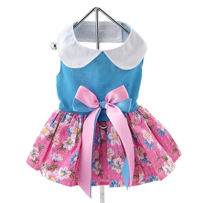 Pink and Blue Plumeria Floral Dress with Matching Leash