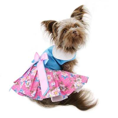 Pink and Blue Plumeria Floral Dress with Matching Leash