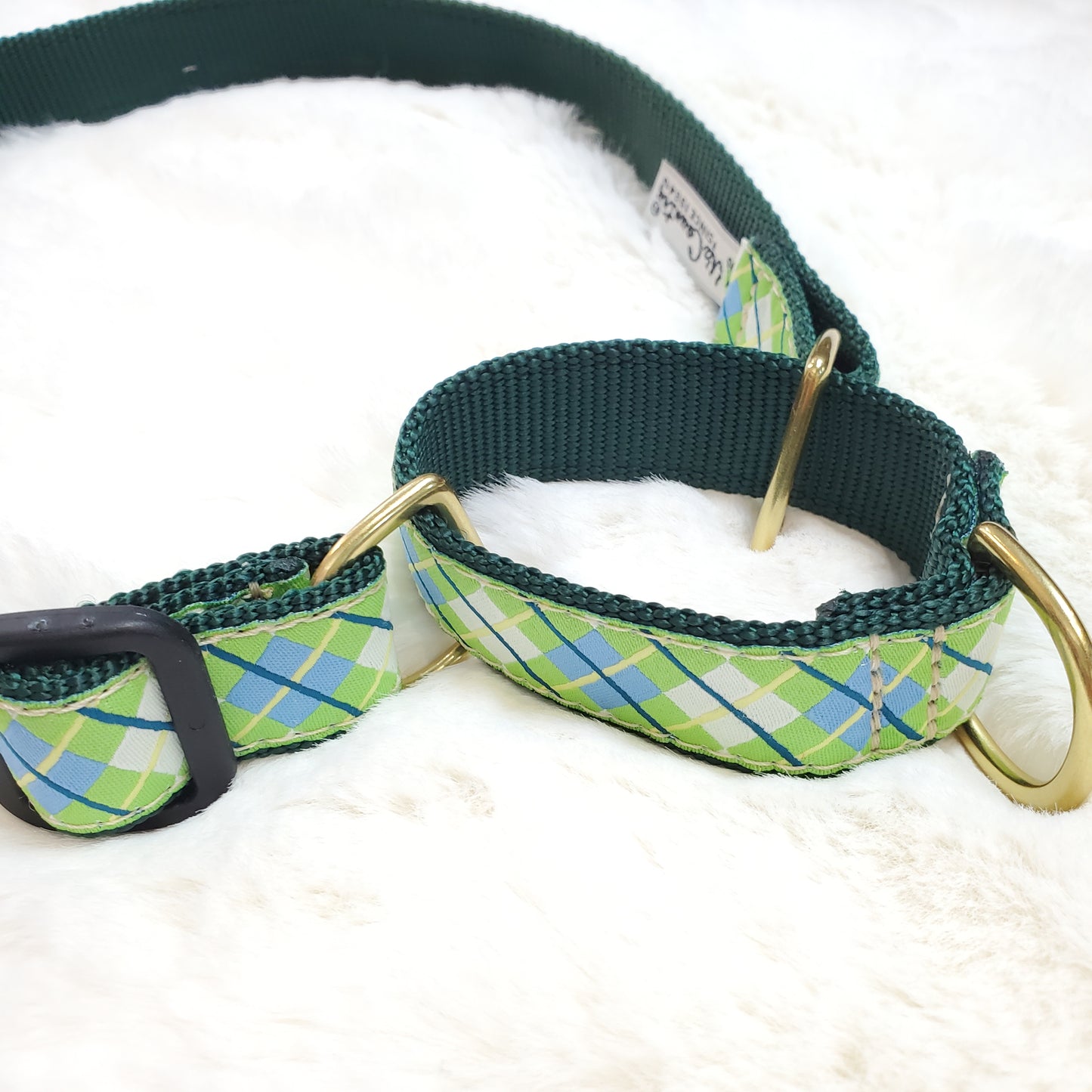 Blue & Green Argyle Dog Collar Martingale