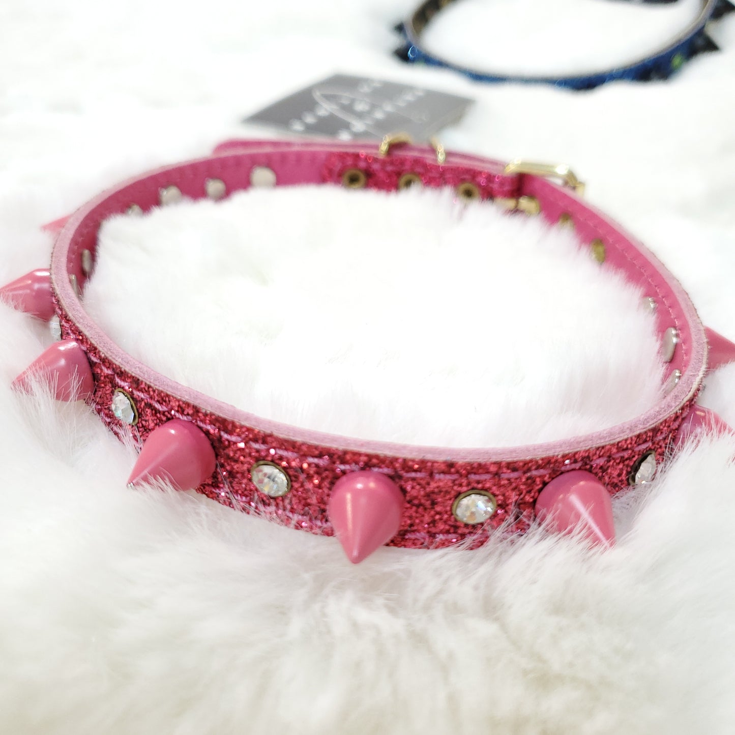 Genuine Leather Swarovski Crystal Glitter Spike Collar