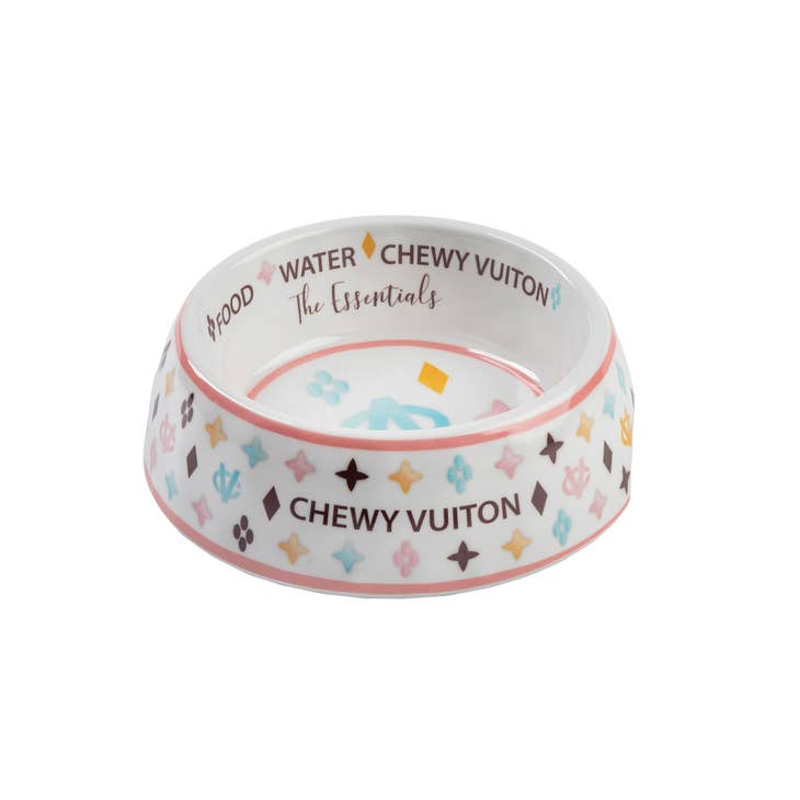 White Chewy Vuiton Dog Bowl - 3 Sizes