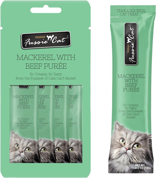 Fussie Cat Mackerel & Beef Puree Lickable Cat Treats (0.5oz *4pk)