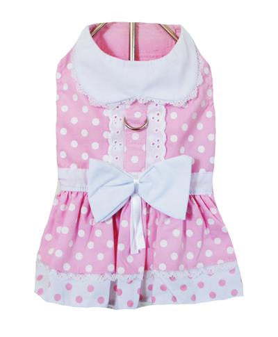 Polka Dot and Lace Dog Dress Set with Leash - Pink