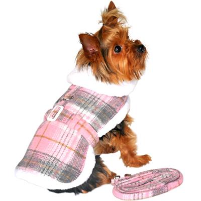 Sherpa-Lined Dog Harness Coat - Pink and White Plaid with Matching Leash