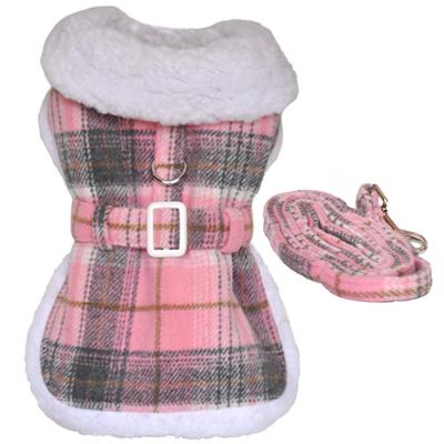Sherpa-Lined Dog Harness Coat - Pink and White Plaid with Matching Leash