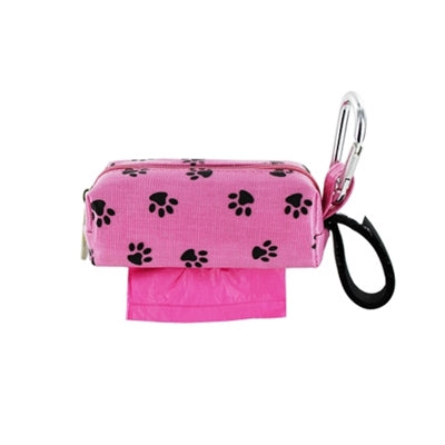 Duffel Dog Poop Bag Holder with 1 Refill Roll - Pink with Black Paw