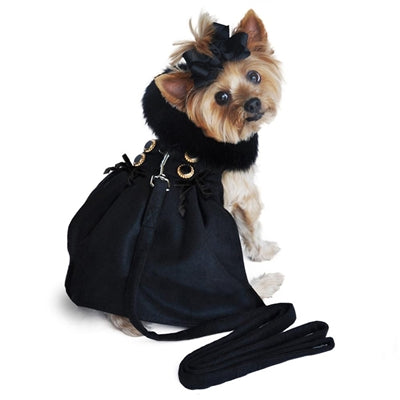 Black Wool Blend Classic Dog Coat Harness and Black Fur Collar with Matching Leash