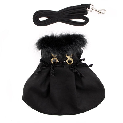 Black Wool Blend Classic Dog Coat Harness and Black Fur Collar with Matching Leash