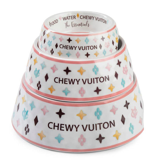 White Chewy Vuiton Dog Bowl - 3 Sizes