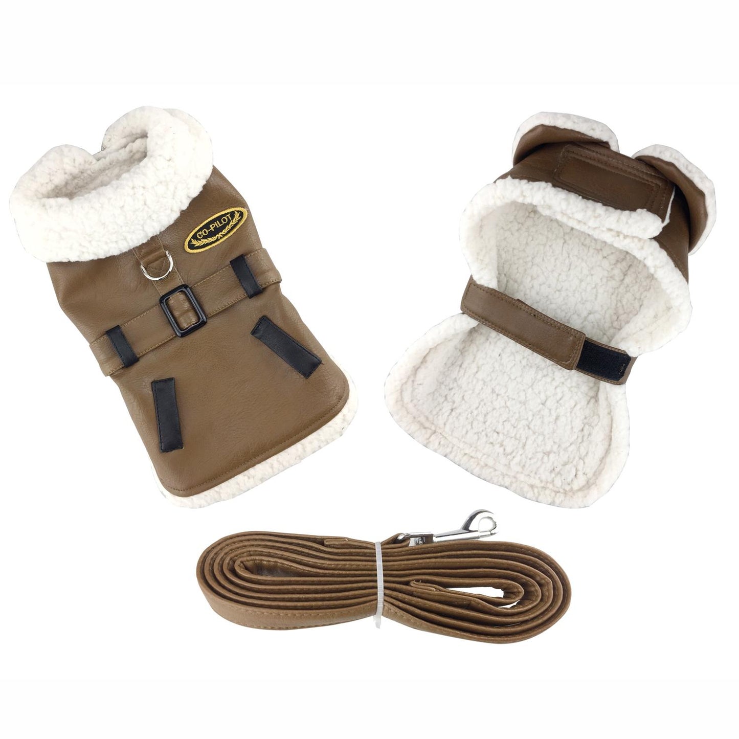 Brown and White Faux Leather Bomber Dog Coat Harness and Leash