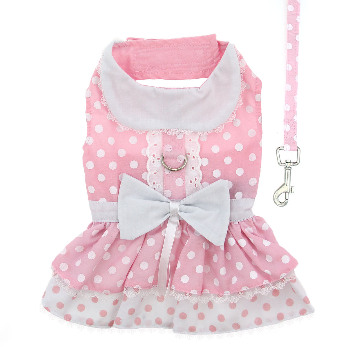 Polka Dot and Lace Dog Dress Set with Leash - Pink