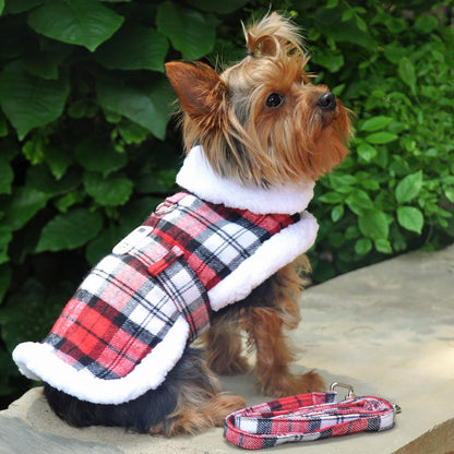 Plaid Fur-Trimmed Dog Harness Coat - Red and White